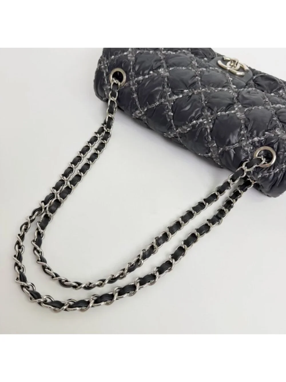 Chanel Quilted Tweed on Stitch Bubble Flap Shoulder Bag Nylon Black Silver Seal